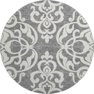 HomeRoots 8' Gray and Ivory Damask Washable Round Rug - Durable, UV Protected, and Perfect for Busy Homes! 676917