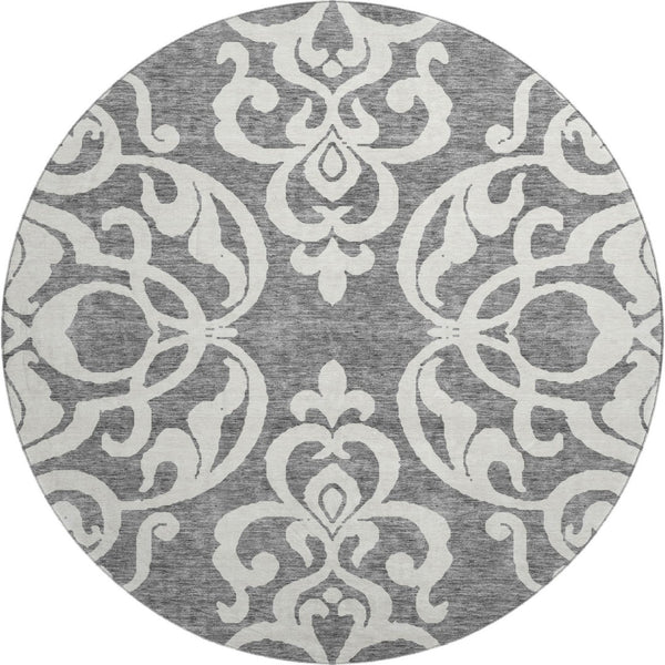 HomeRoots 8' Gray and Ivory Damask Washable Round Rug - Durable, UV Protected, and Perfect for Busy Homes! 676917