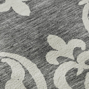 HomeRoots 8' Gray and Ivory Damask Washable Round Rug - Durable, UV Protected, and Perfect for Busy Homes! 676917