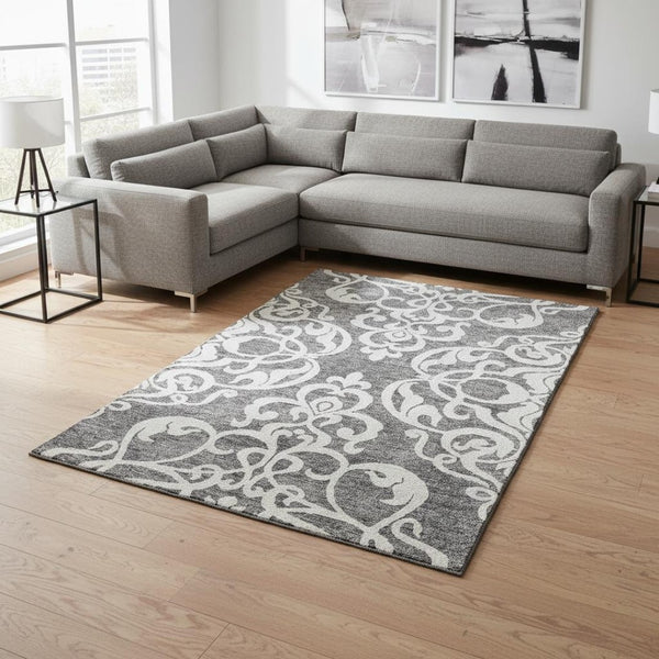 HomeRoots 8' X 10' Gray Damask Area Rug - Stylish, Washable, UV Protected & Perfect for High-Traffic Homes 676918