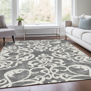HomeRoots 8' X 10' Gray Damask Area Rug - Stylish, Washable, UV Protected & Perfect for High-Traffic Homes 676918