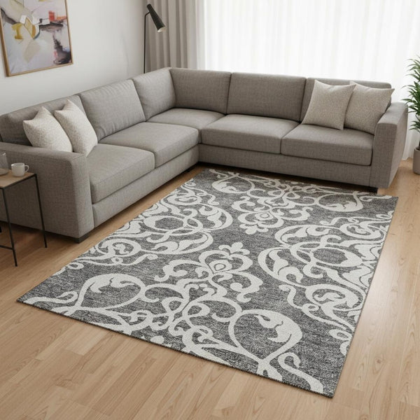 HomeRoots 9' X 12' Gray And Ivory Damask Washable Area Rug - Elegant, Durable, UV-Protected for High-Traffic Homes 676919