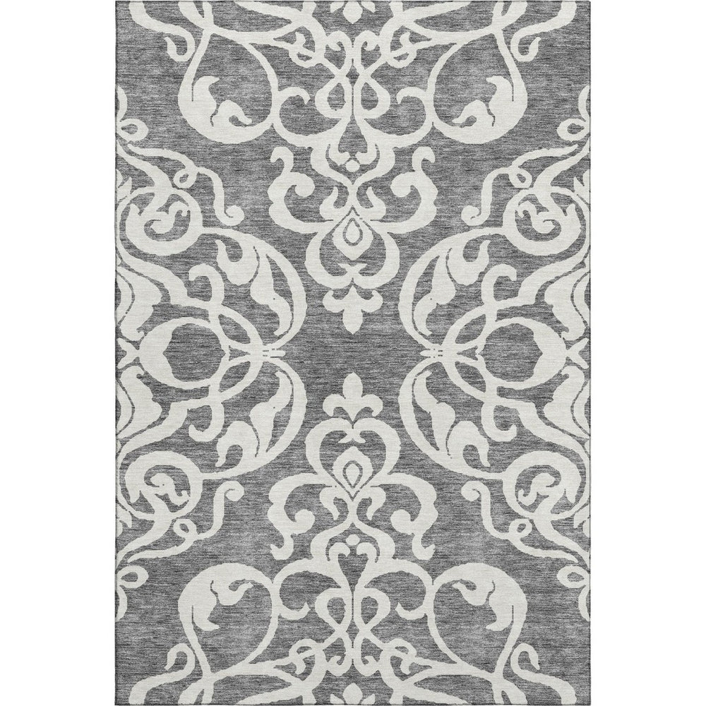 HomeRoots 9' X 12' Gray And Ivory Damask Washable Area Rug - Elegant, Durable, UV-Protected for High-Traffic Homes 676919