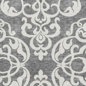 HomeRoots 9' X 12' Gray And Ivory Damask Washable Area Rug - Elegant, Durable, UV-Protected for High-Traffic Homes 676919