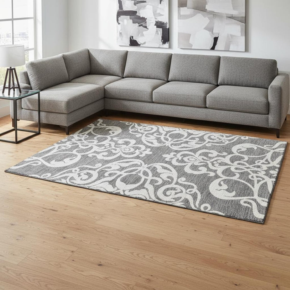 HomeRoots 10' X 14' Gray & Ivory Damask Area Rug - Elegant, Washable, UV Protected - Ideal for High-Traffic Spaces 676920