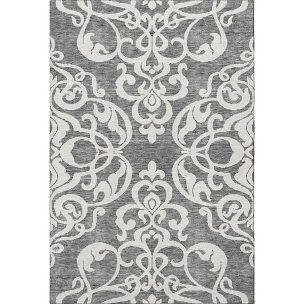 HomeRoots 10' X 14' Gray & Ivory Damask Area Rug - Elegant, Washable, UV Protected - Ideal for High-Traffic Spaces 676920