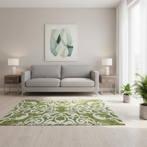 HomeRoots 5' X 8' Green And Ivory Damask Area Rug - Washable, UV Protected, Elegant for High-Traffic Spaces 676922