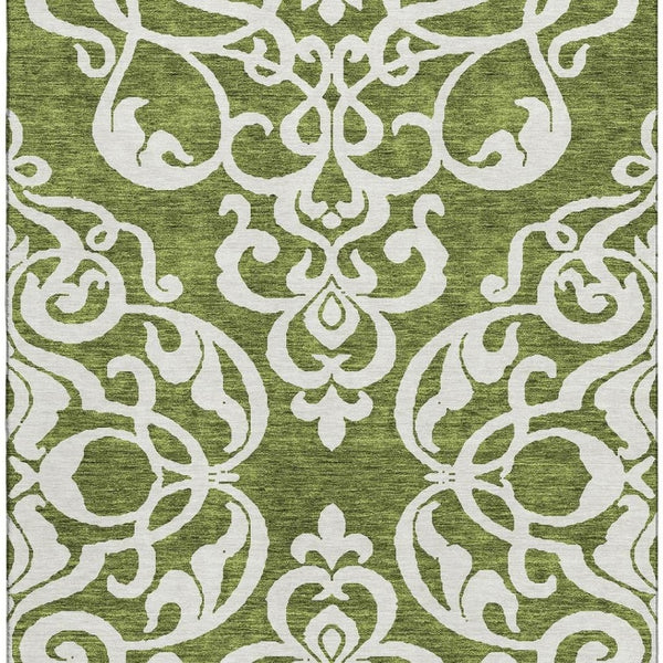 HomeRoots 5' X 8' Green And Ivory Damask Area Rug - Washable, UV Protected, Elegant for High-Traffic Spaces 676922