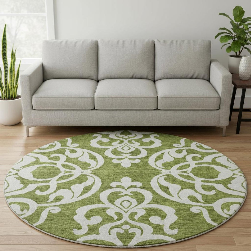 HomeRoots 8' Green And Ivory Damask Washable Round Rug - Durable, UV-Protected, Stain-Resistant Beauty for Homes 676923