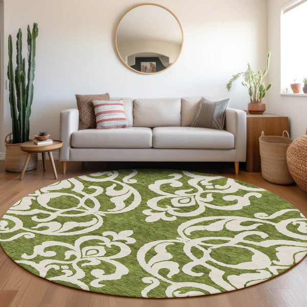 HomeRoots 8' Green And Ivory Damask Washable Round Rug - Durable, UV-Protected, Stain-Resistant Beauty for Homes 676923