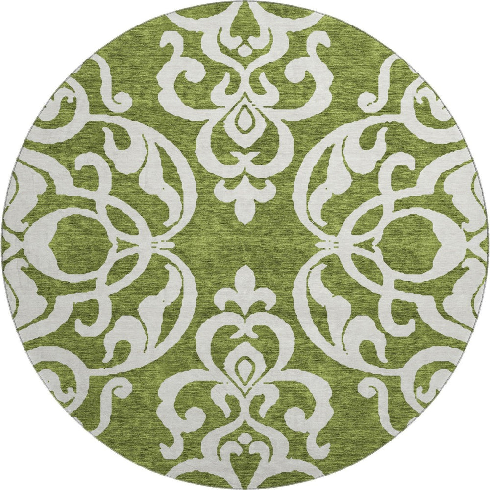 HomeRoots 8' Green And Ivory Damask Washable Round Rug - Durable, UV-Protected, Stain-Resistant Beauty for Homes 676923