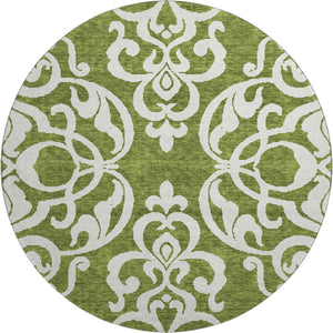 HomeRoots 8' Green And Ivory Damask Washable Round Rug - Durable, UV-Protected, Stain-Resistant Beauty for Homes 676923