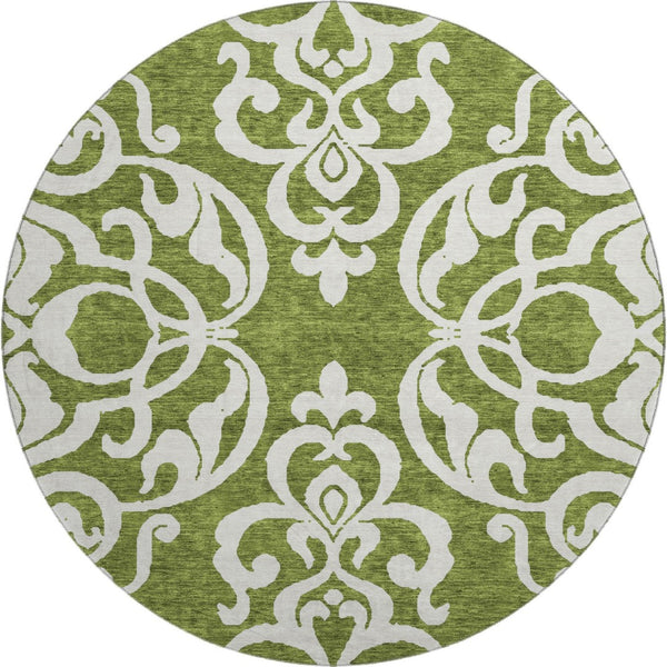 HomeRoots 8' Green And Ivory Damask Washable Round Rug - Durable, UV-Protected, Stain-Resistant Beauty for Homes 676923