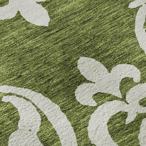 HomeRoots 8' Green And Ivory Damask Washable Round Rug - Durable, UV-Protected, Stain-Resistant Beauty for Homes 676923