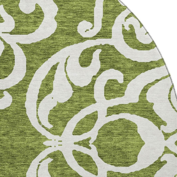 HomeRoots 8' Green And Ivory Damask Washable Round Rug - Durable, UV-Protected, Stain-Resistant Beauty for Homes 676923