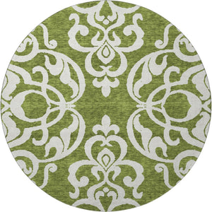 HomeRoots 8' Green And Ivory Damask Washable Round Rug - Durable, UV-Protected, Stain-Resistant Beauty for Homes 676923