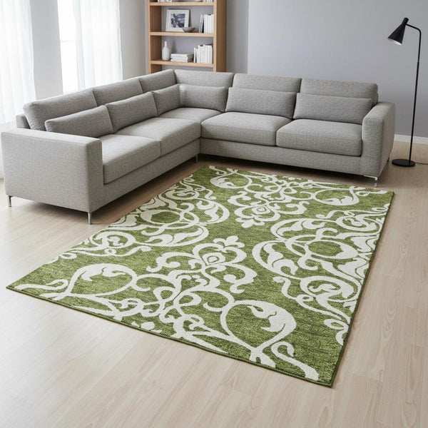 HomeRoots 8' X 10' Elegant Green and Ivory Damask Area Rug - Washable, UV Protected, Durable for Busy Homes 676924