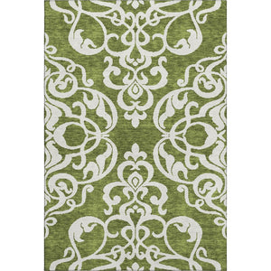 HomeRoots 8' X 10' Elegant Green and Ivory Damask Area Rug - Washable, UV Protected, Durable for Busy Homes 676924