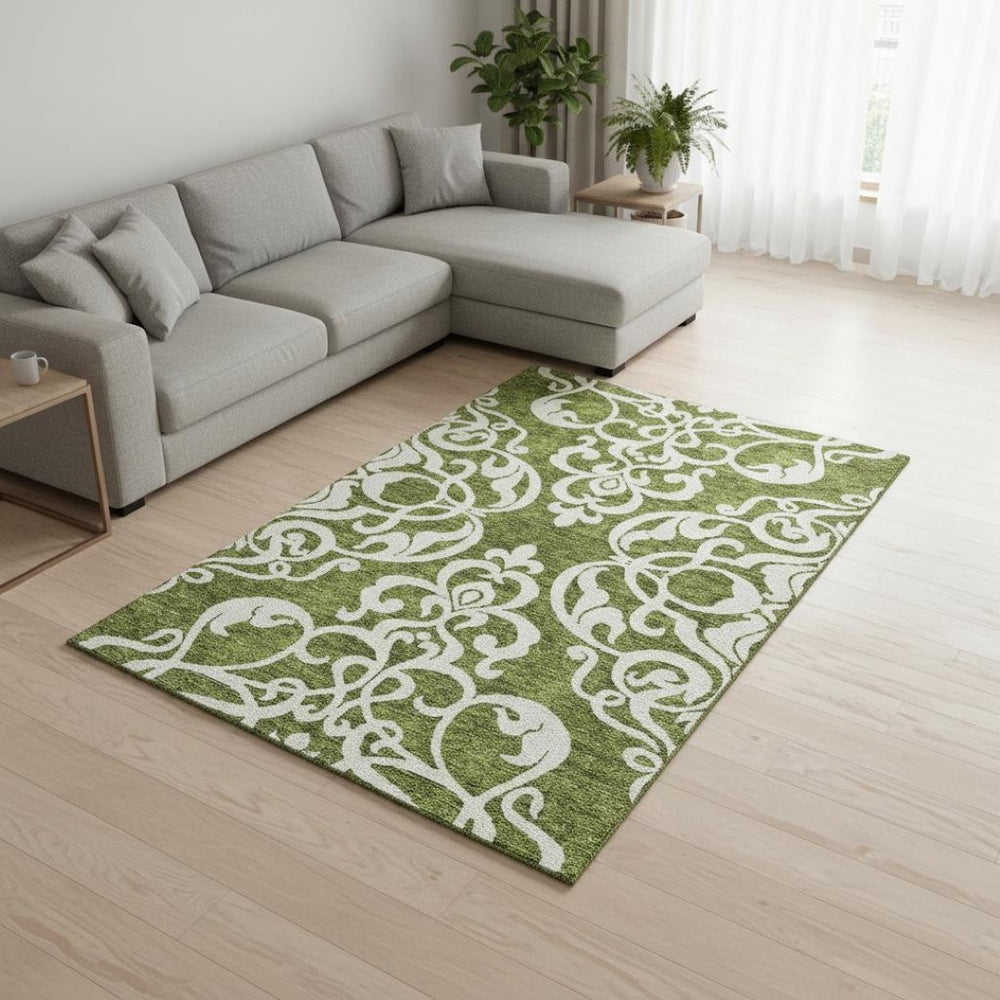 HomeRoots 9' X 12' Elegant Green and Ivory Damask Area Rug - Washable, UV Protected, Stain Resistant Style! 676925