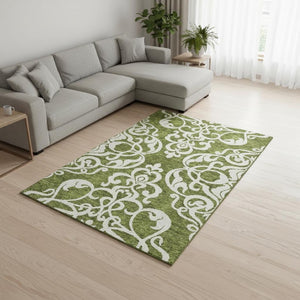 HomeRoots 9' X 12' Elegant Green and Ivory Damask Area Rug - Washable, UV Protected, Stain Resistant Style! 676925