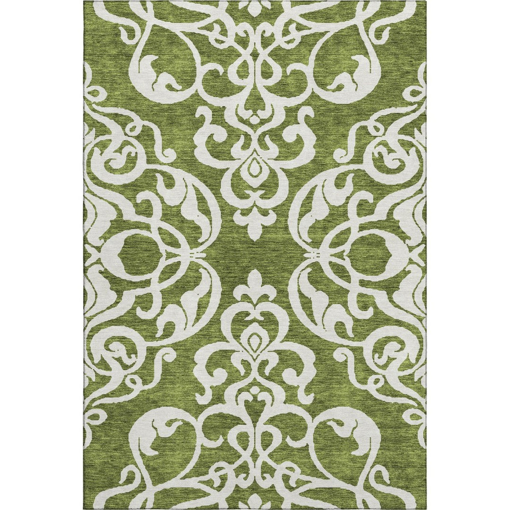 HomeRoots 9' X 12' Elegant Green and Ivory Damask Area Rug - Washable, UV Protected, Stain Resistant Style! 676925