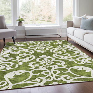 HomeRoots 9' X 12' Elegant Green and Ivory Damask Area Rug - Washable, UV Protected, Stain Resistant Style! 676925