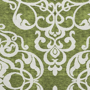 HomeRoots 9' X 12' Elegant Green and Ivory Damask Area Rug - Washable, UV Protected, Stain Resistant Style! 676925