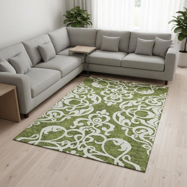 HomeRoots 10' Elegant Green and Ivory Damask Area Rug – Washable, UV Protected, Stain Resistant for Homes 676926