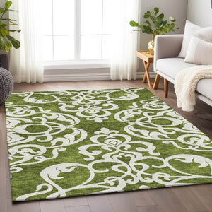 HomeRoots 10' Elegant Green and Ivory Damask Area Rug – Washable, UV Protected, Stain Resistant for Homes 676926