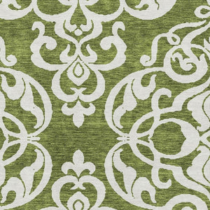 HomeRoots 10' Elegant Green and Ivory Damask Area Rug – Washable, UV Protected, Stain Resistant for Homes 676926