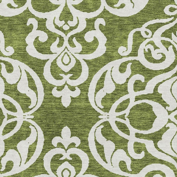 HomeRoots 10' Elegant Green and Ivory Damask Area Rug – Washable, UV Protected, Stain Resistant for Homes 676926