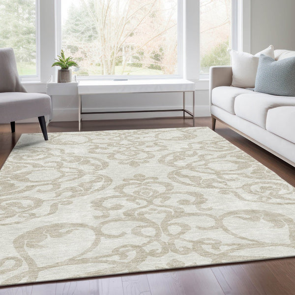 HomeRoots 5' X 8' Washable Ivory Beige Damask Area Rug – UV Protected, Stain Resistant, Durable & Stylish Decor 676928