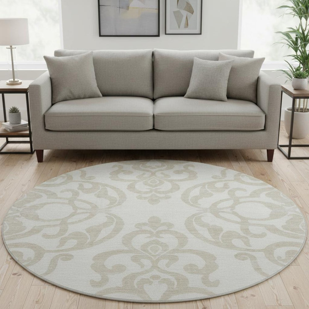 HomeRoots 8' Elegant Ivory and Beige Damask Washable Round Rug with UV Protection for Timeless Style 676929