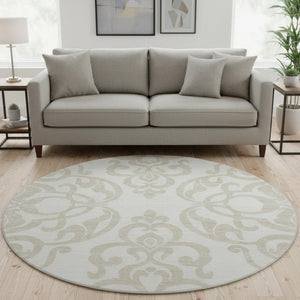 HomeRoots 8' Elegant Ivory and Beige Damask Washable Round Rug with UV Protection for Timeless Style 676929