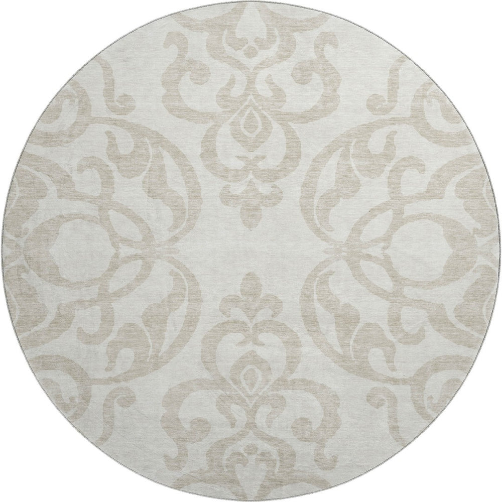 HomeRoots 8' Elegant Ivory and Beige Damask Washable Round Rug with UV Protection for Timeless Style 676929