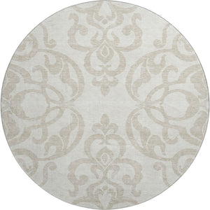 HomeRoots 8' Elegant Ivory and Beige Damask Washable Round Rug with UV Protection for Timeless Style 676929