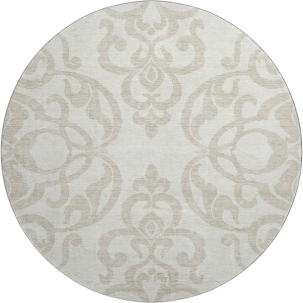 HomeRoots 8' Elegant Ivory and Beige Damask Washable Round Rug with UV Protection for Timeless Style 676929