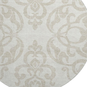 HomeRoots 8' Elegant Ivory and Beige Damask Washable Round Rug with UV Protection for Timeless Style 676929