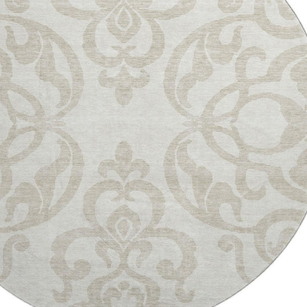 HomeRoots 8' Elegant Ivory and Beige Damask Washable Round Rug with UV Protection for Timeless Style 676929