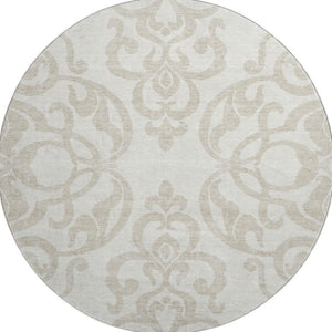 HomeRoots 8' Elegant Ivory and Beige Damask Washable Round Rug with UV Protection for Timeless Style 676929