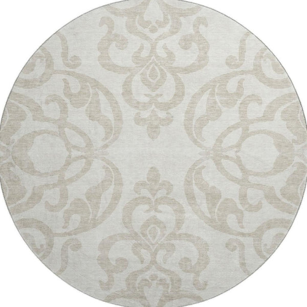 HomeRoots 8' Elegant Ivory and Beige Damask Washable Round Rug with UV Protection for Timeless Style 676929