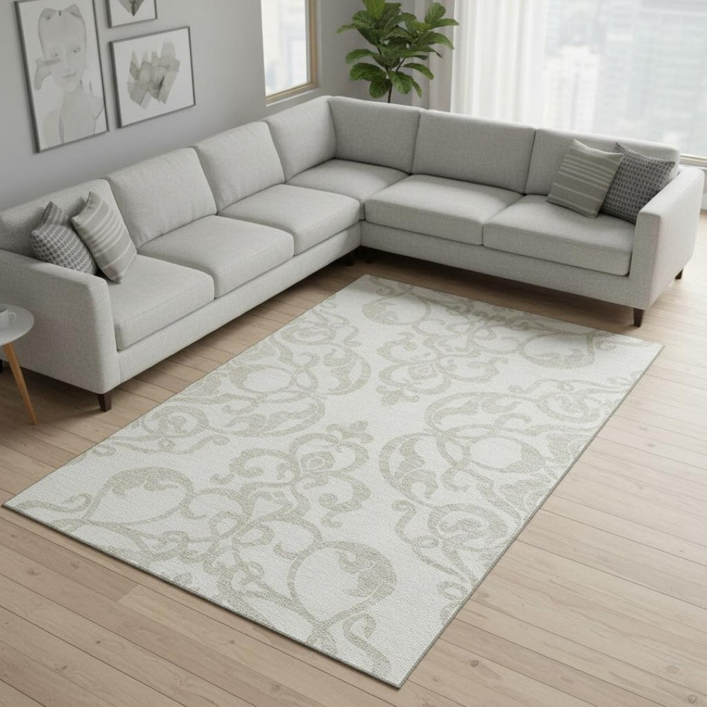 HomeRoots 8' X 10' Ivory and Beige Damask Washable Area Rug - Stain Resistant, UV Protected, Durable Design 676930