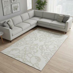 HomeRoots 8' X 10' Ivory and Beige Damask Washable Area Rug - Stain Resistant, UV Protected, Durable Design 676930