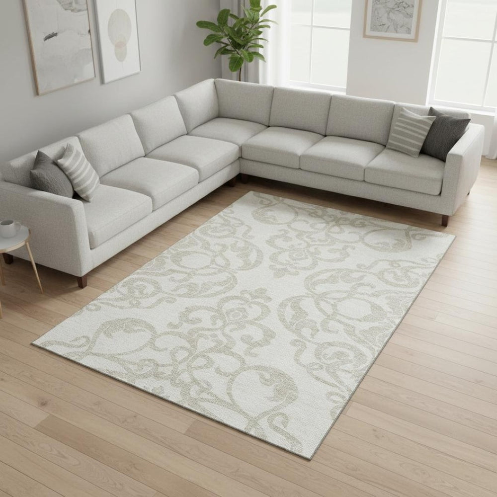 HomeRoots 9' X 12' Ivory and Beige Damask Area Rug - Washable, Stain Resistant, UV Protected for Lasting Elegance 676931