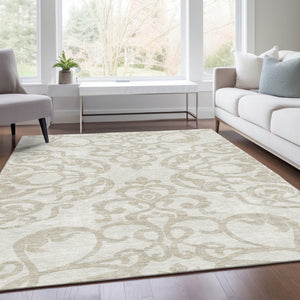 HomeRoots 9' X 12' Ivory and Beige Damask Area Rug - Washable, Stain Resistant, UV Protected for Lasting Elegance 676931