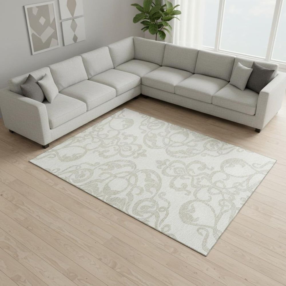 HomeRoots 10' X 14' Elegant Ivory and Beige Damask Area Rug - Washable, UV-Protected, Durable Design for Homes 676932