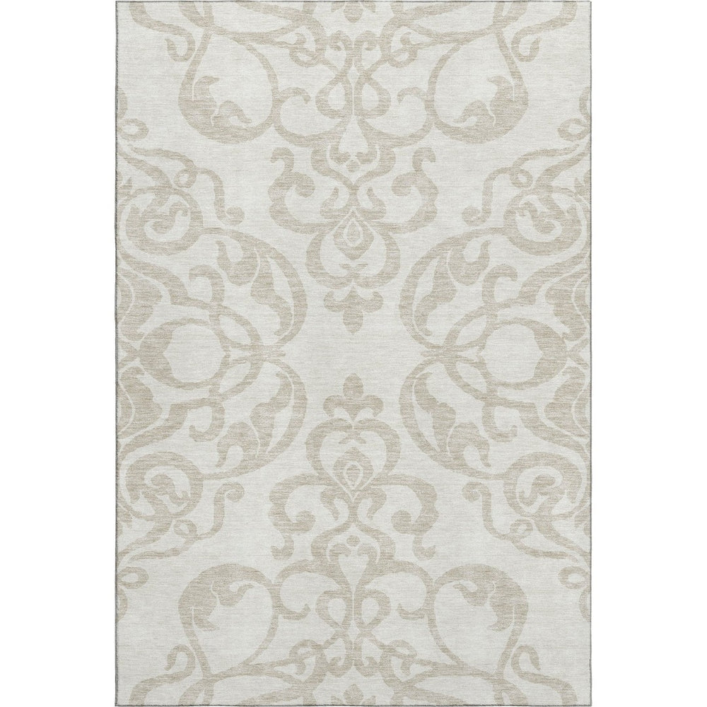 HomeRoots 10' X 14' Elegant Ivory and Beige Damask Area Rug - Washable, UV-Protected, Durable Design for Homes 676932