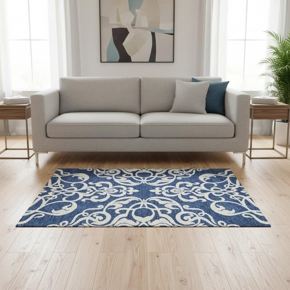 HomeRoots 5' X 8' Navy Blue & Ivory Damask Area Rug – Stylish, Durable, Washable with UV Protection for Any Space 676934