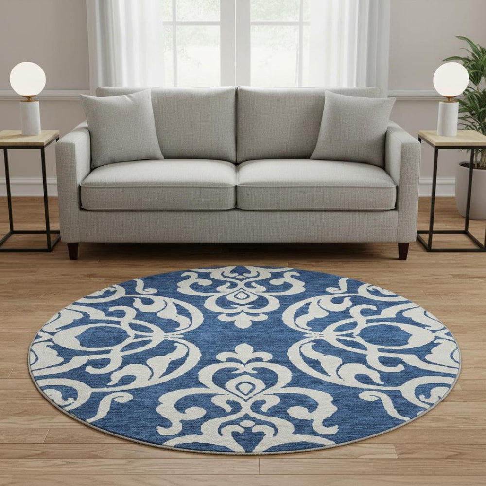 HomeRoots 8' Navy Blue and Ivory Damask Round Rug – Washable, UV Protected, Stylish for Any Home Décor! 676935