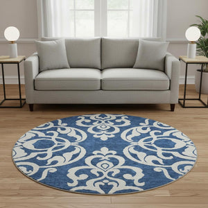 HomeRoots 8' Navy Blue and Ivory Damask Round Rug – Washable, UV Protected, Stylish for Any Home Décor! 676935